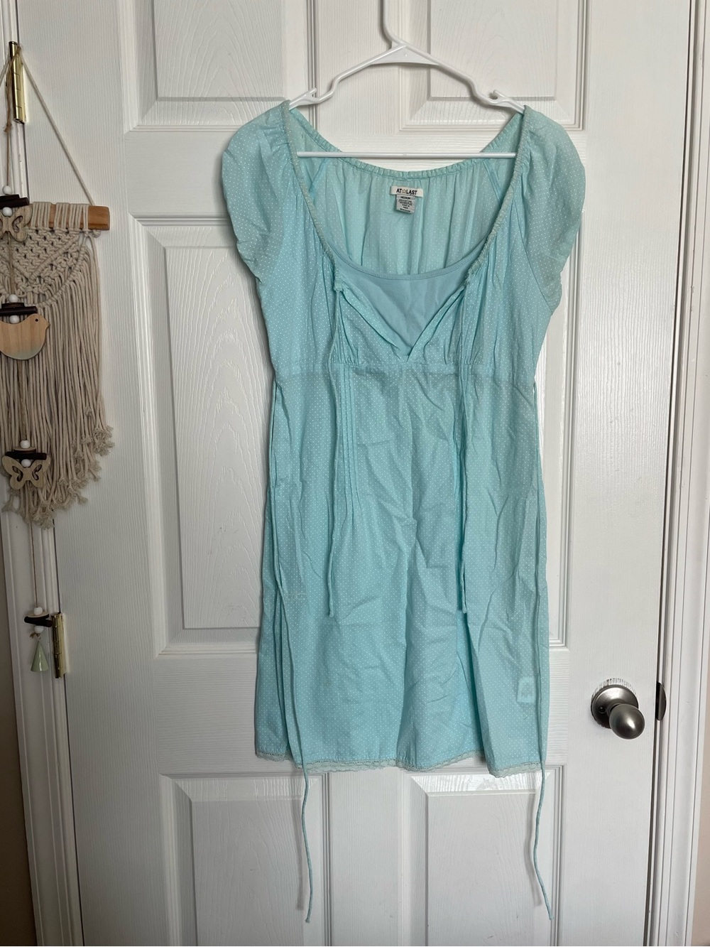 At Last 100% Cotton Women’s size Medium Mint Polka Dot Mini Dress Nightgown